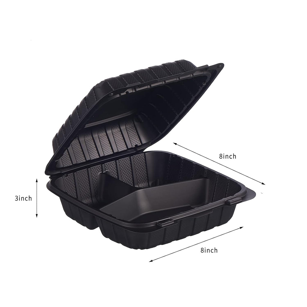 8X8" 3-Compartment 50-Pack Plastic Clamshell Takeout Food Trays Heavy Duty Togo Disposable Box For Pasta Salad