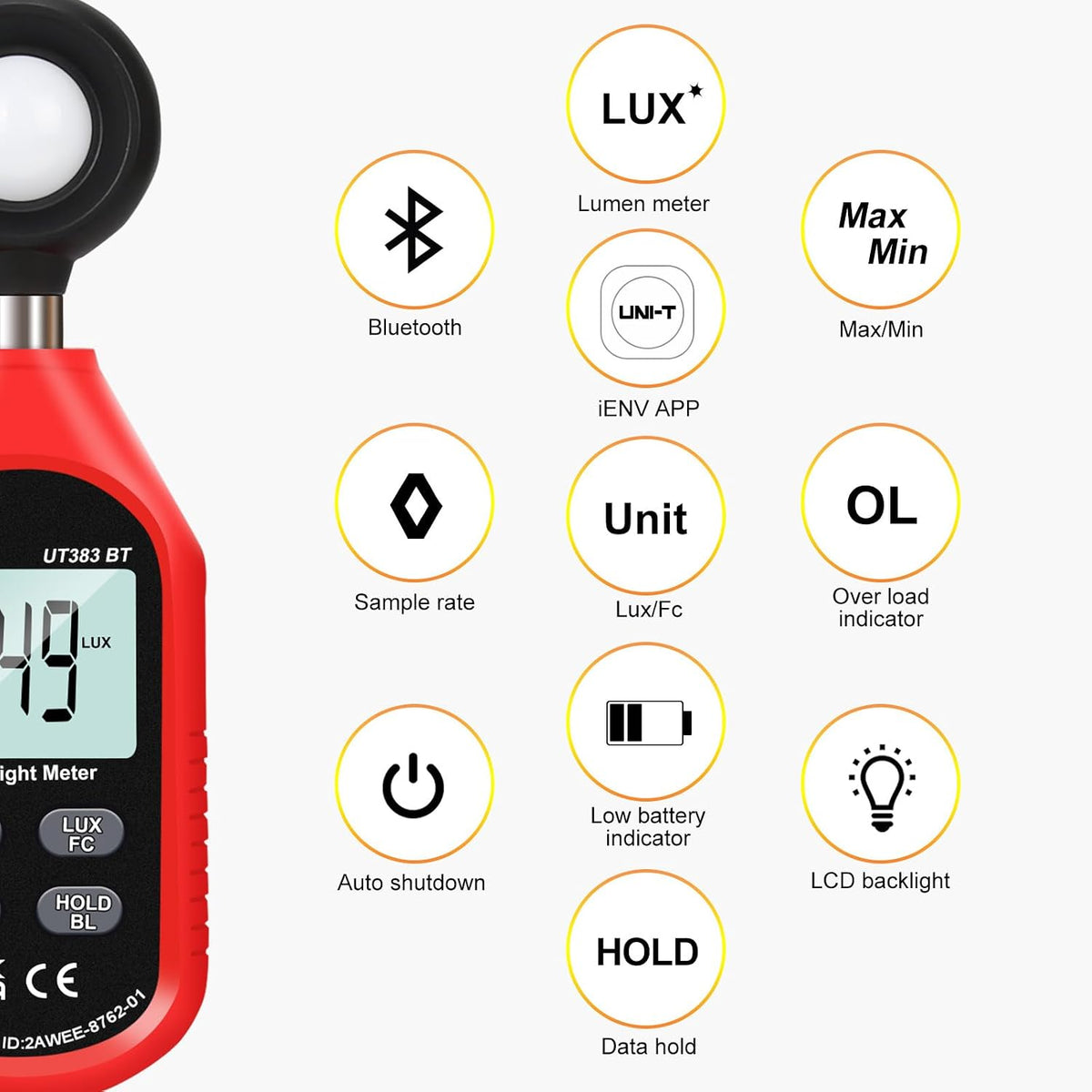 UNI-T Light Meter UT383BT Lux Meter Digital Illuminance Meter