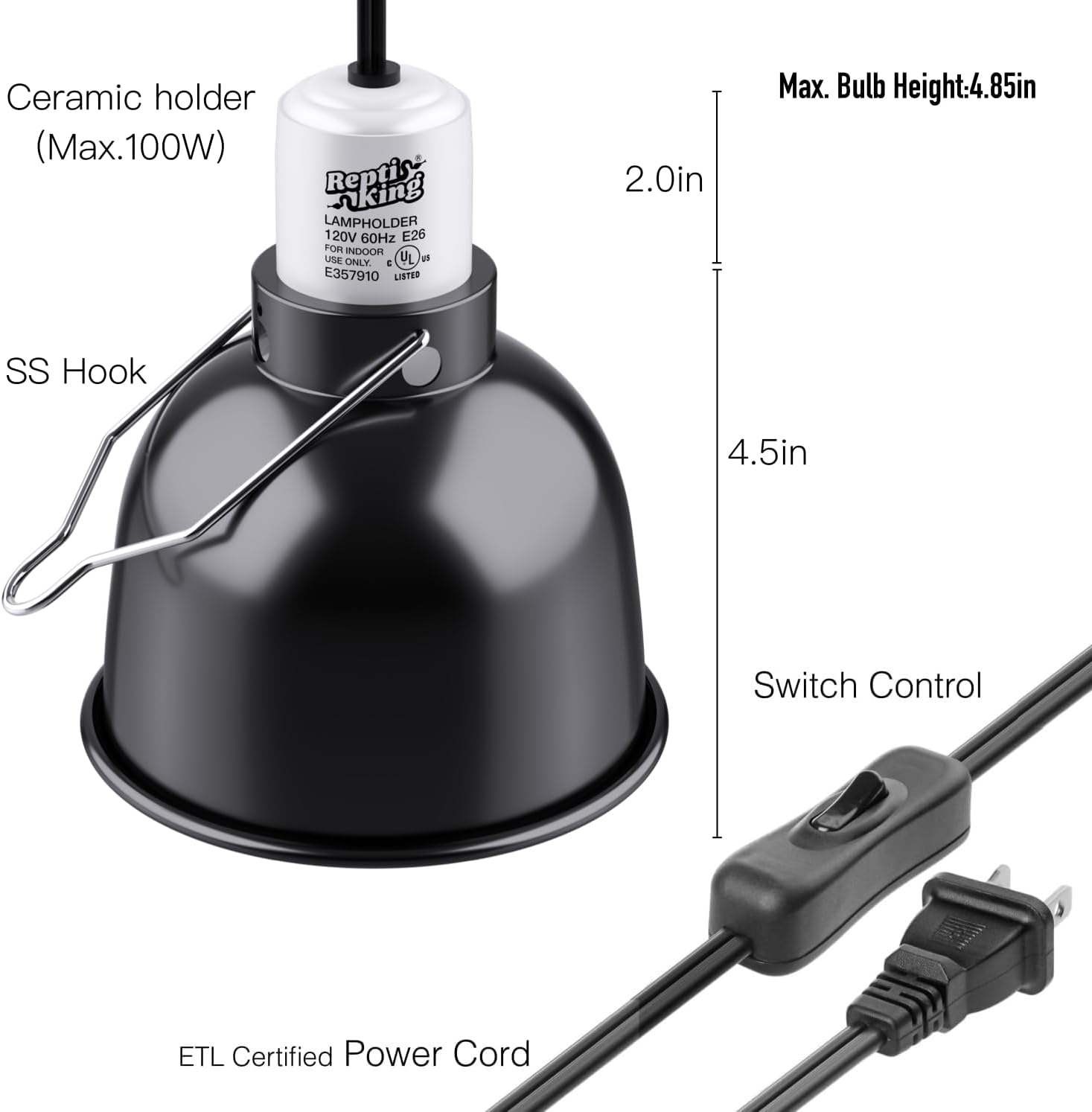 Reptile Light Fixture, 5.5'' Standard Dome for Reptile Basking Bulb Light/Heat Lamp/Ceramic Heat Emitter, 5.5 Inch