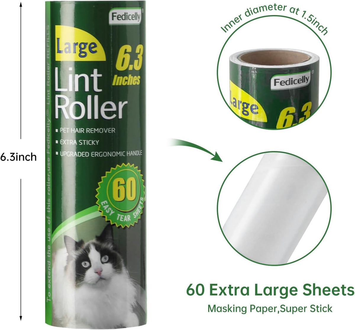 Large Lint Rollers Pet Hair Extra Sticky Furniture,Cat Dog Hair Remover Laundry Clothes Carpet,6.3 inches Wider with