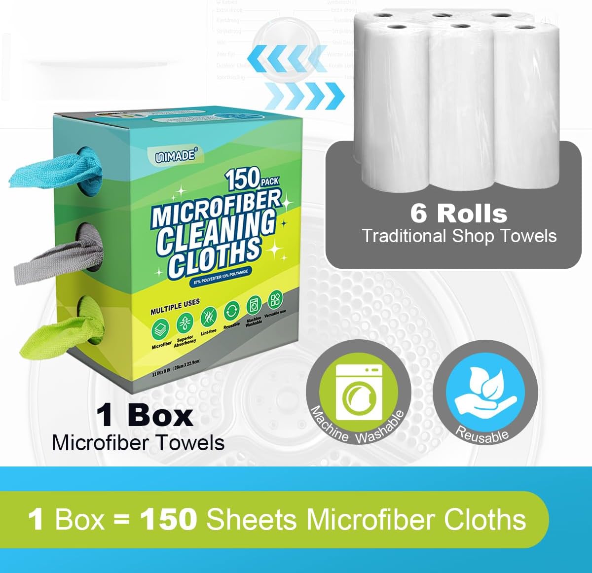 Microfiber Cleaning Cloth, 150 Pack Reusable Paper Towels Microfiber Towels for Cars Lint Free Washable Tissues Shop