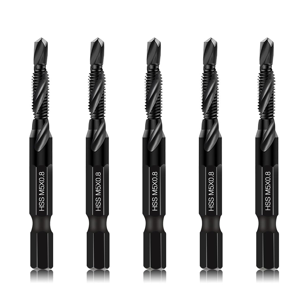 DKIBBITH 6 Packs M5 Combination Drill & Taps Bit Set, Screw Threading Tapping Tools in Size M5*0.8 with Anti-Rust Black Coating, 1/4" Hex Shank and Storage Case