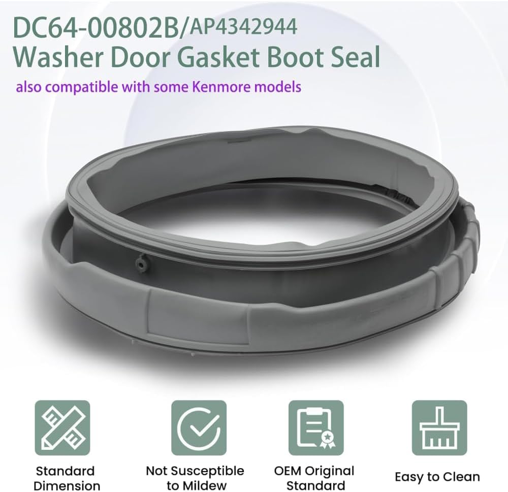 DC64-00802B Washer Door Boot Seal Gasket – Compatible Replacement for Samsung Front Load Washers WF220ANW/XAA, WF338AAB/XAA, WF339AAW/XAA, WF361BVBEWR/A1, Replaces PS4210921, AP4342944, 2071562