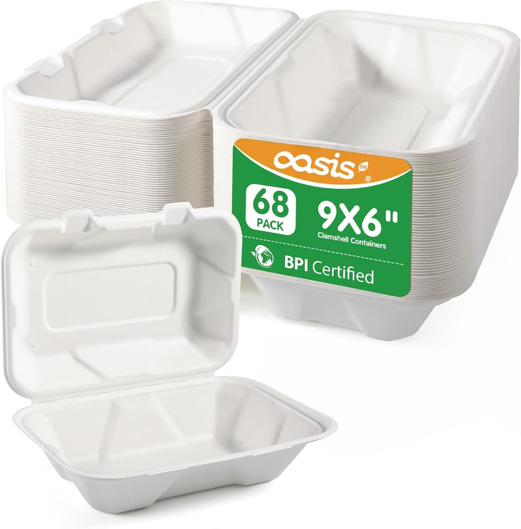 9x6x3 Inch 68 Pack Clamshell Take Out Food Containers, Compostable Disposable Paper To Go Boxes with Lids, Heavy Duty