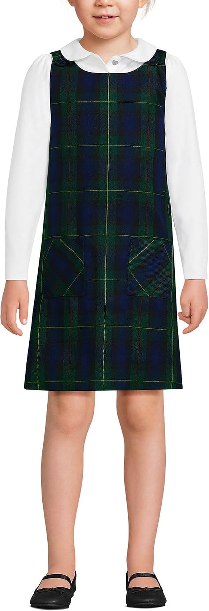 Girls Plaid Button Shoulder Patch Pocket Jumper 6 Hunter/Classic Navy Plaid
