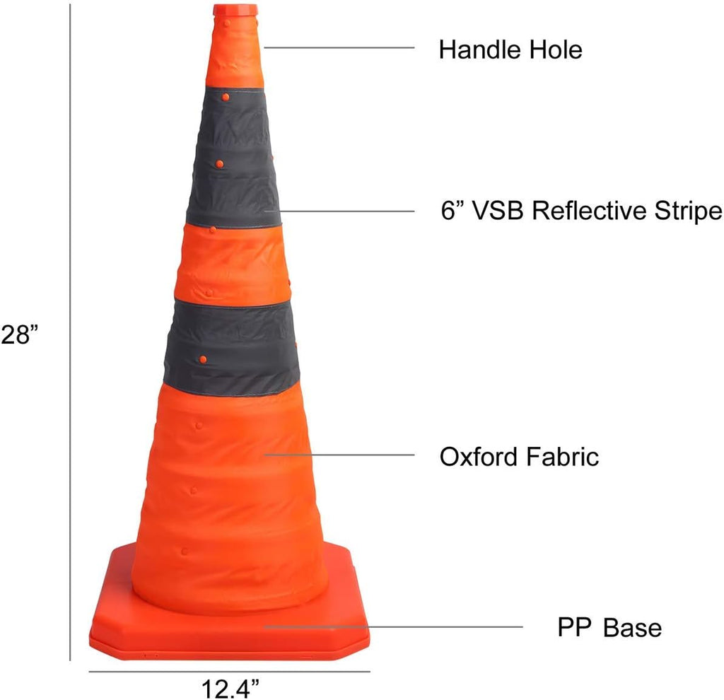 4 Pack 28 inch Collapsible Traffic Cones with LED Light Orange | Orange Collapsible Traffic Cones with Reflective