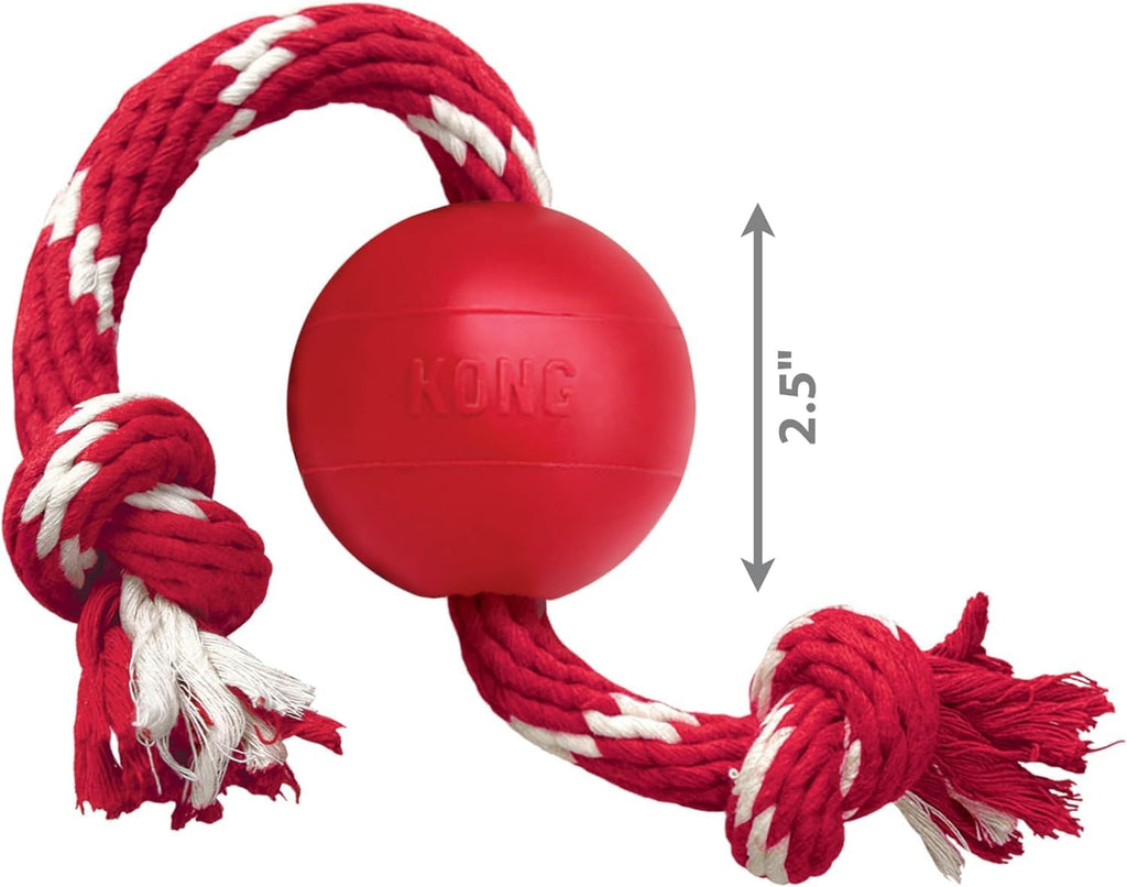 Ball with Rope - Durable Fetch Toy with Rope for Easy Throwing - For Tug, Playtime & More - Natural Rubber - Red