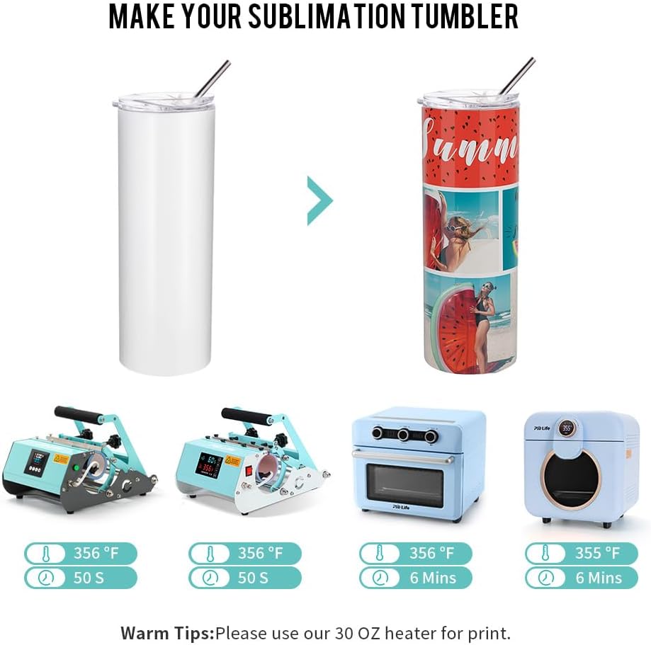 4 Pack Sublimation Blanks Tumblers Straight Skinny 20 OZ | Double Wall Stainless Steel Cups with Lids and Straw