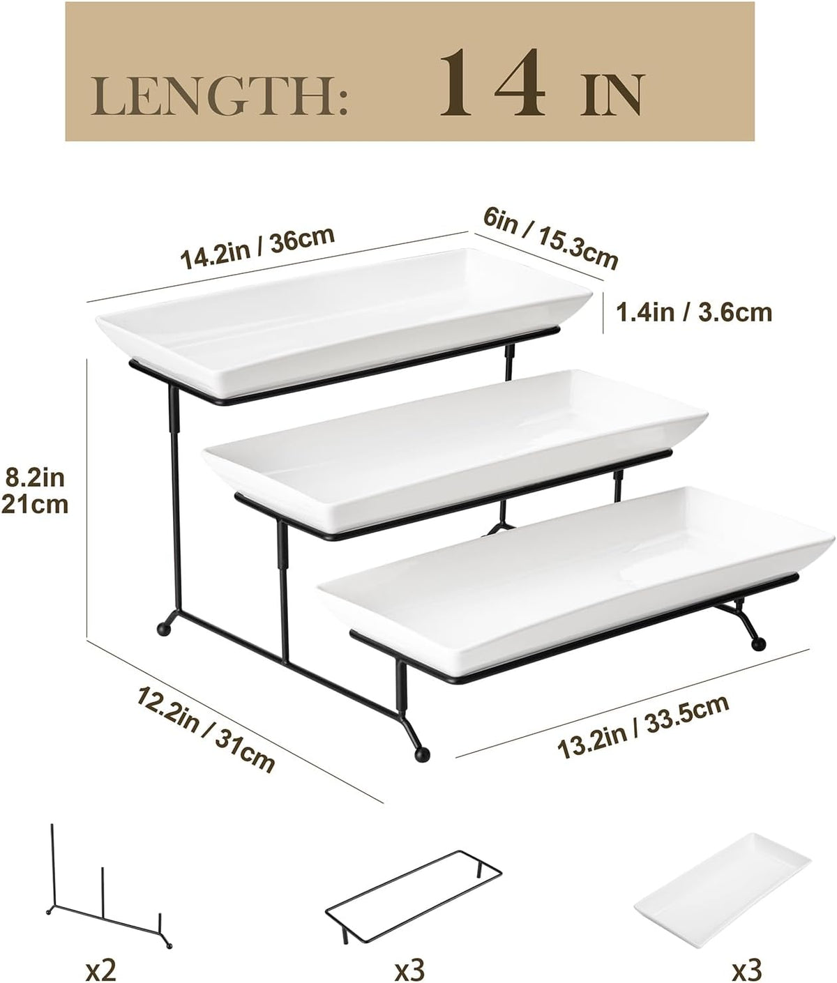 3 Tier Serving Trays, White Porcelain Serving Platters, 14 Inch