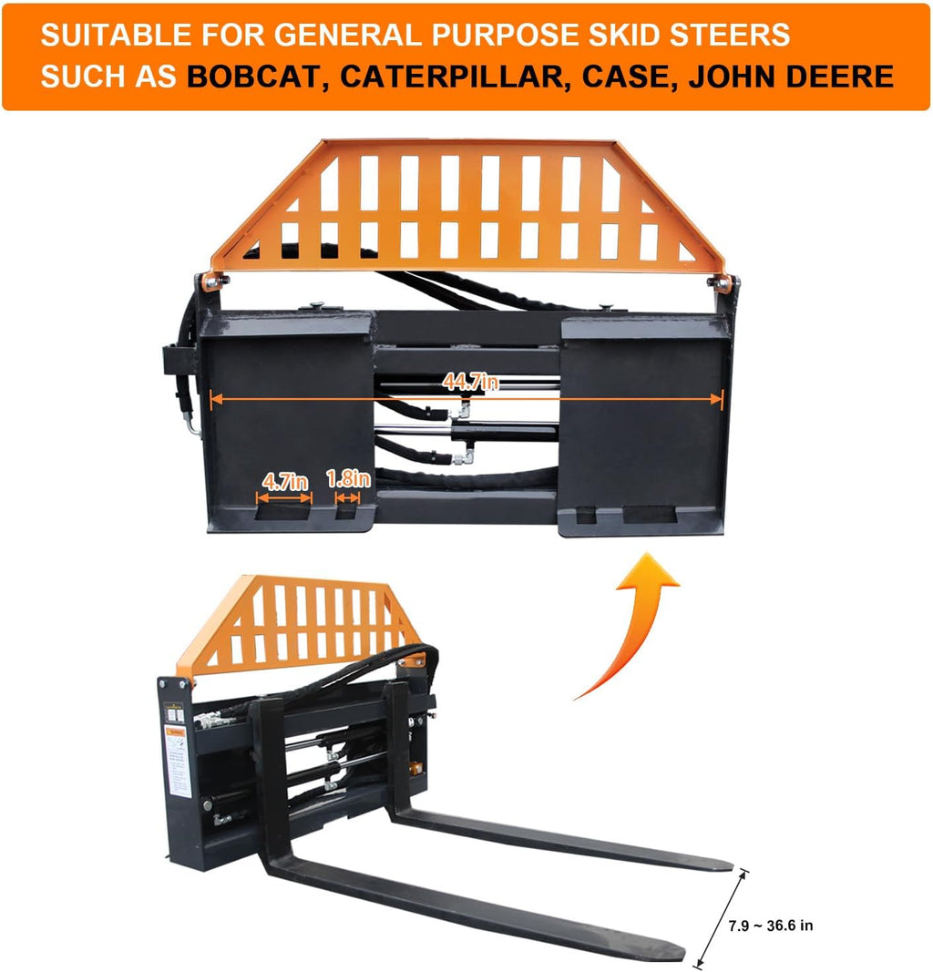 Hydraulic Pallet Forks – 48" Adjustable Tines, 4000 lbs Capacity | Universal Skid Steer Attachment with 2 Hydraulic