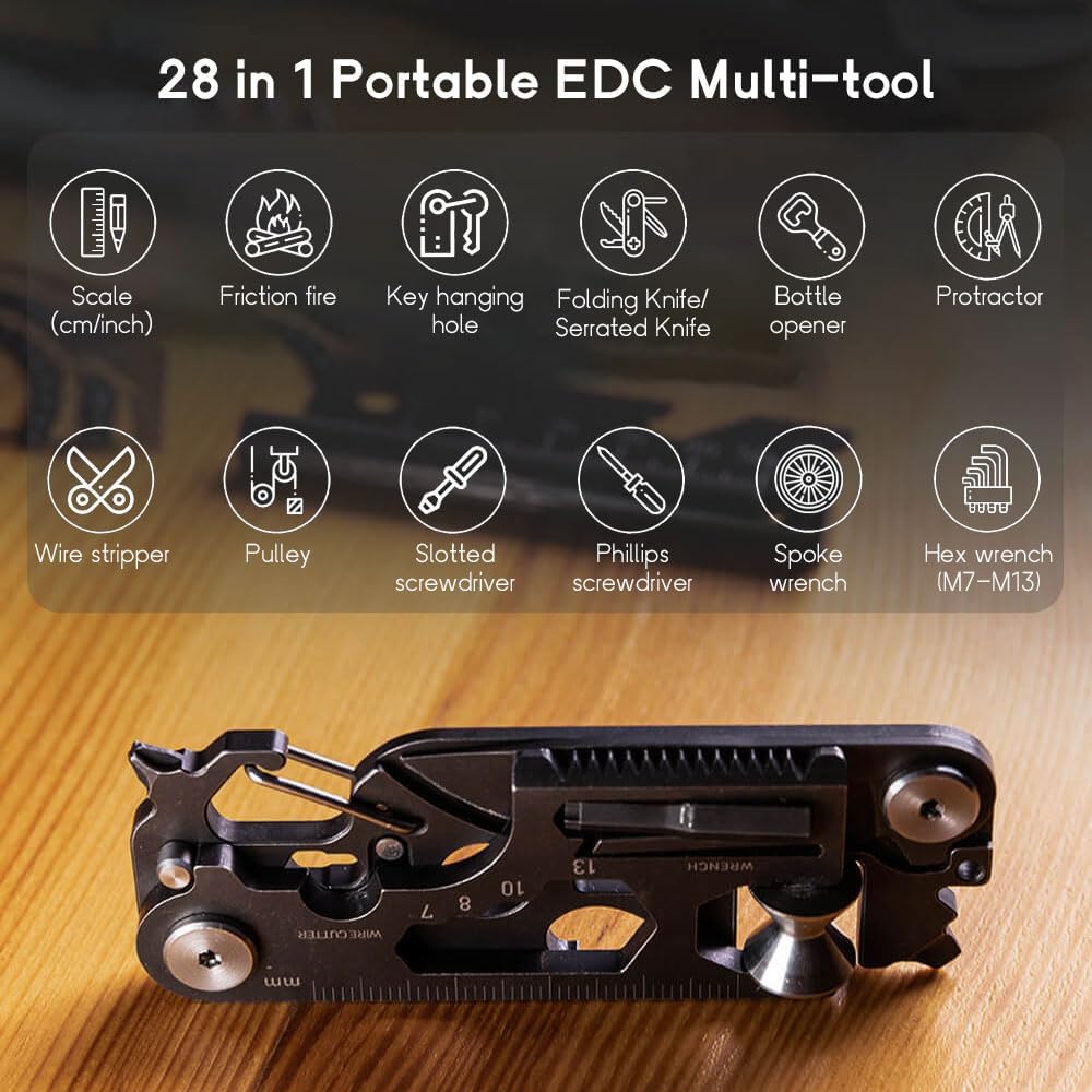 28 in 1 EDC Multi-function Tool, Keychain portable Metal Pocket Tool for men, Wrench for Screw, Ruler, Pulley, Spoke
