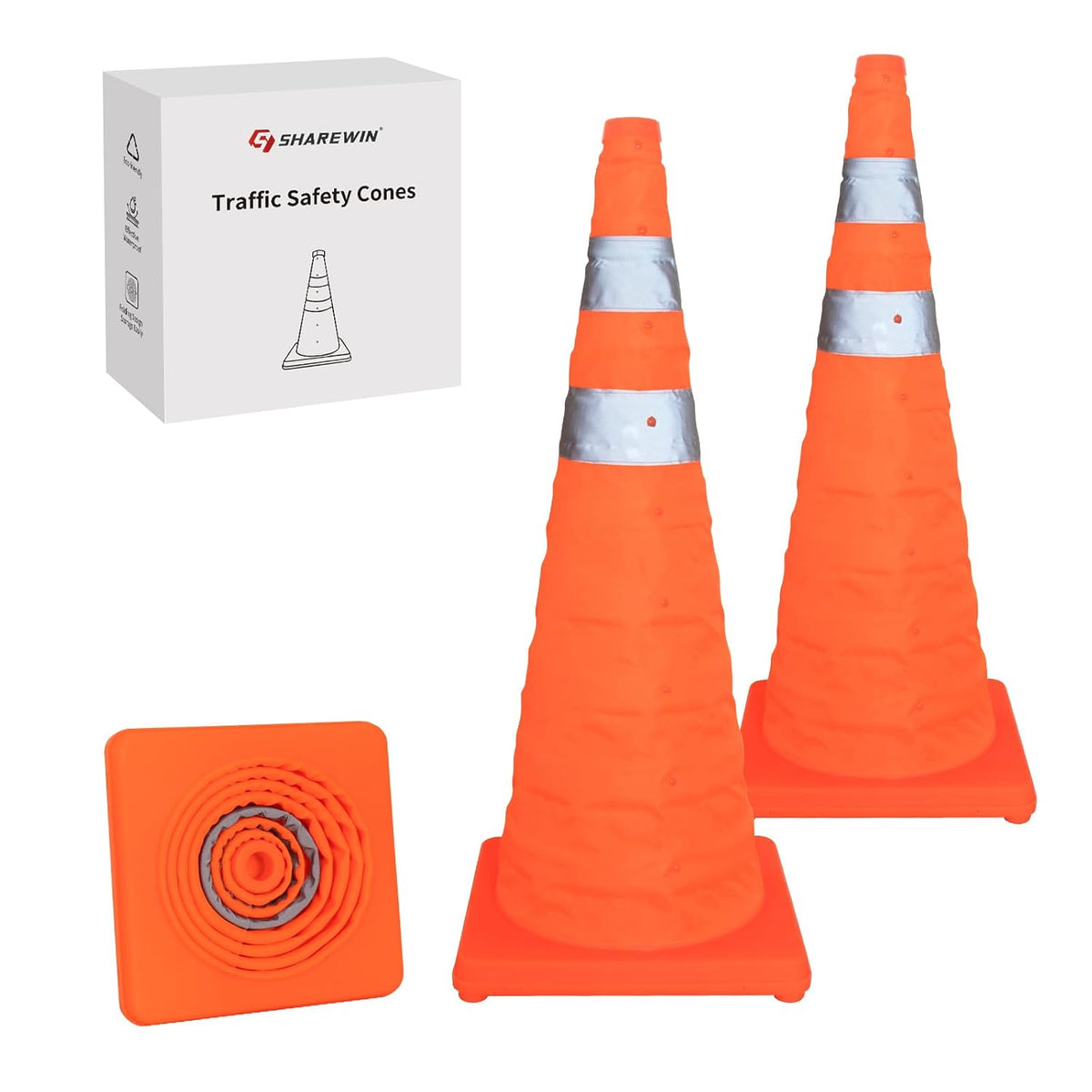 Collapsible Traffic Safety Cones, [2 Pack] 28 Inch Orange Cones, Multi Purpose Pop-up Cones with Reflective Collar