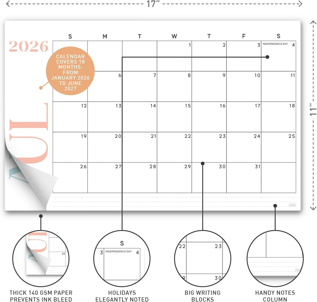 S&O Modern Large Desk Calendar from January 2026-June 2027 - Tear-Away Table Calendar 2026-2027 - Desktop Blotter