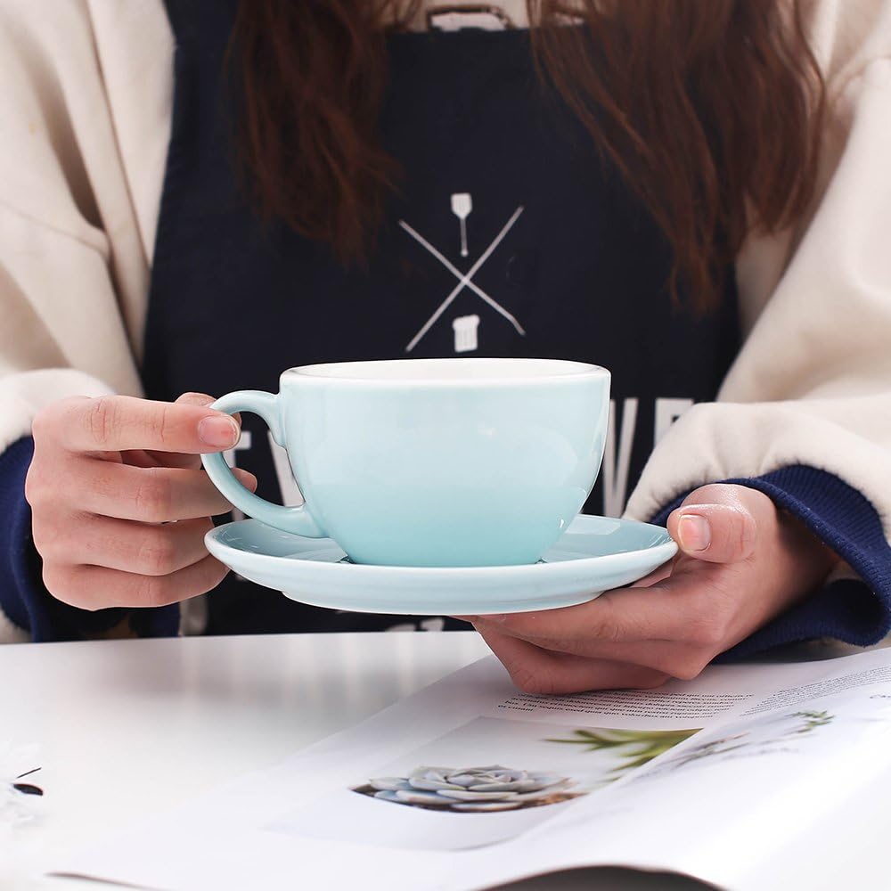 Cappuccino Barista Latte Art Cup and Saucer New Bone China for Coffee Shop (Glossy Light Blue, 8.5 oz)