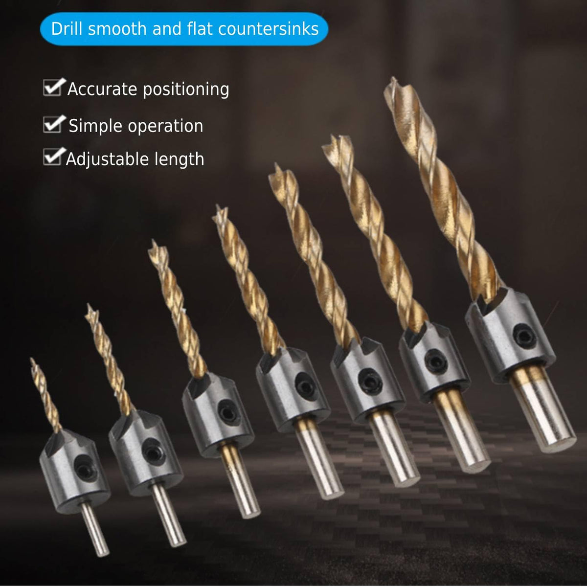 Socoje 7PCS 3-10mm Round Shank Titanium Coated Countersink Drill Bit Set Replacement Three Point Drill Set Carpentry Boring Tool Woodworking Tool with Hexagon