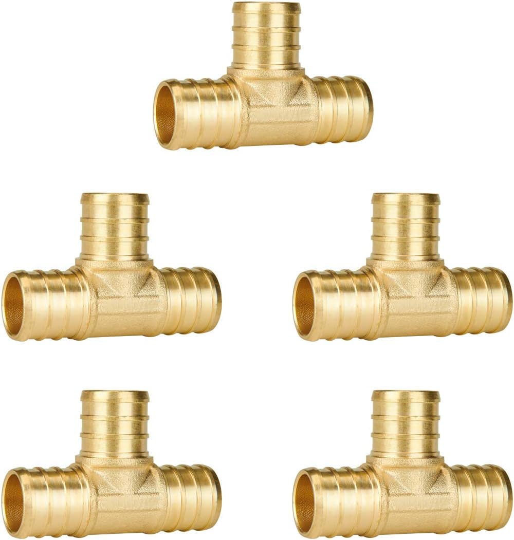 SUNGATOR 5-Pack 3/4 Inch PEX Tee Fittings, Brass