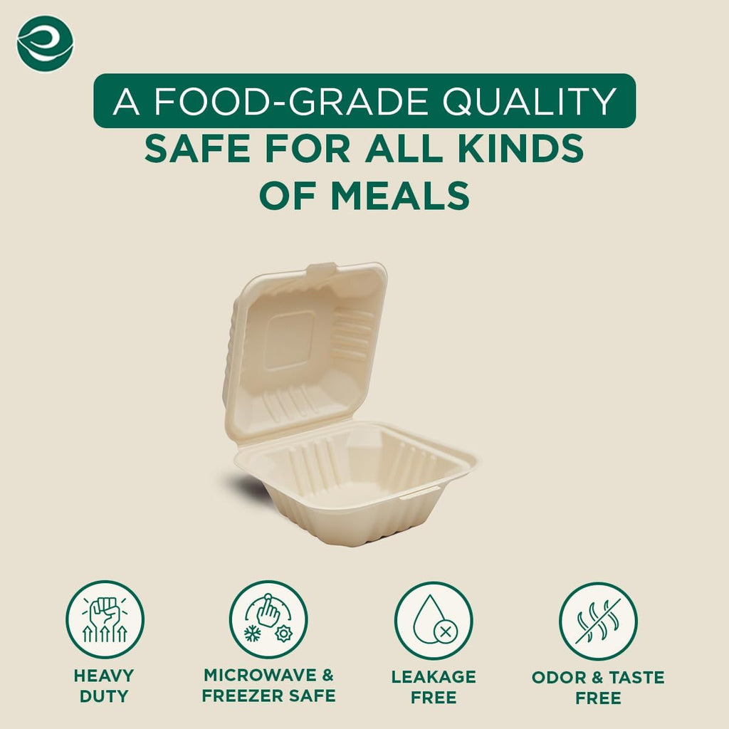 6x6 Compostable Clamshell Food Containers, (50 Pack)