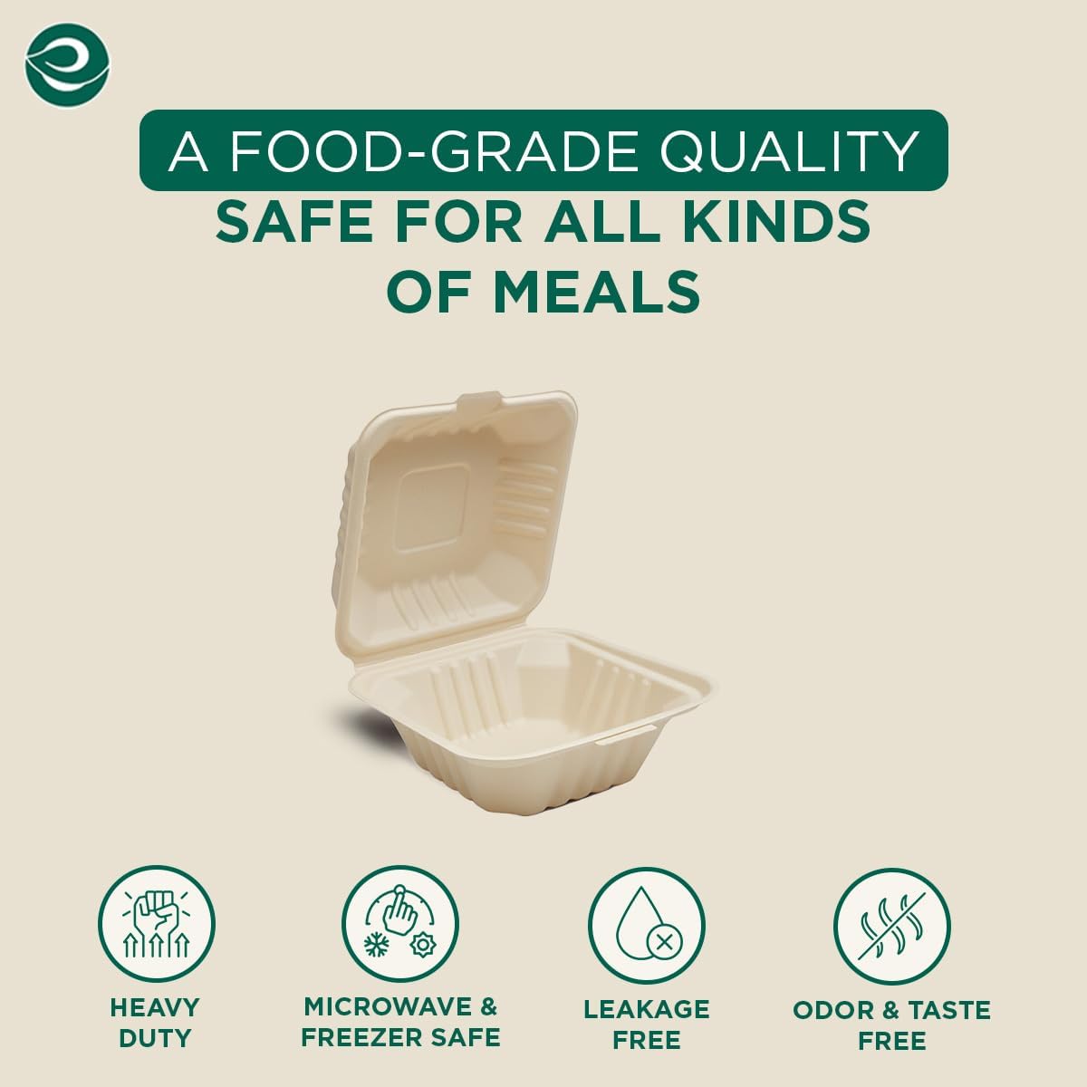 6x6 Compostable Clamshell Food Containers, (50 Pack)