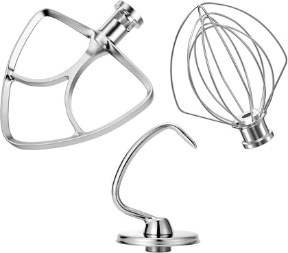 Stainless Steel Stand Mixer Attachments 3-Piece (4.5-5QT Flat Beater, 4.5-5QT Dough Hook, K45WW 6-Wire Whip