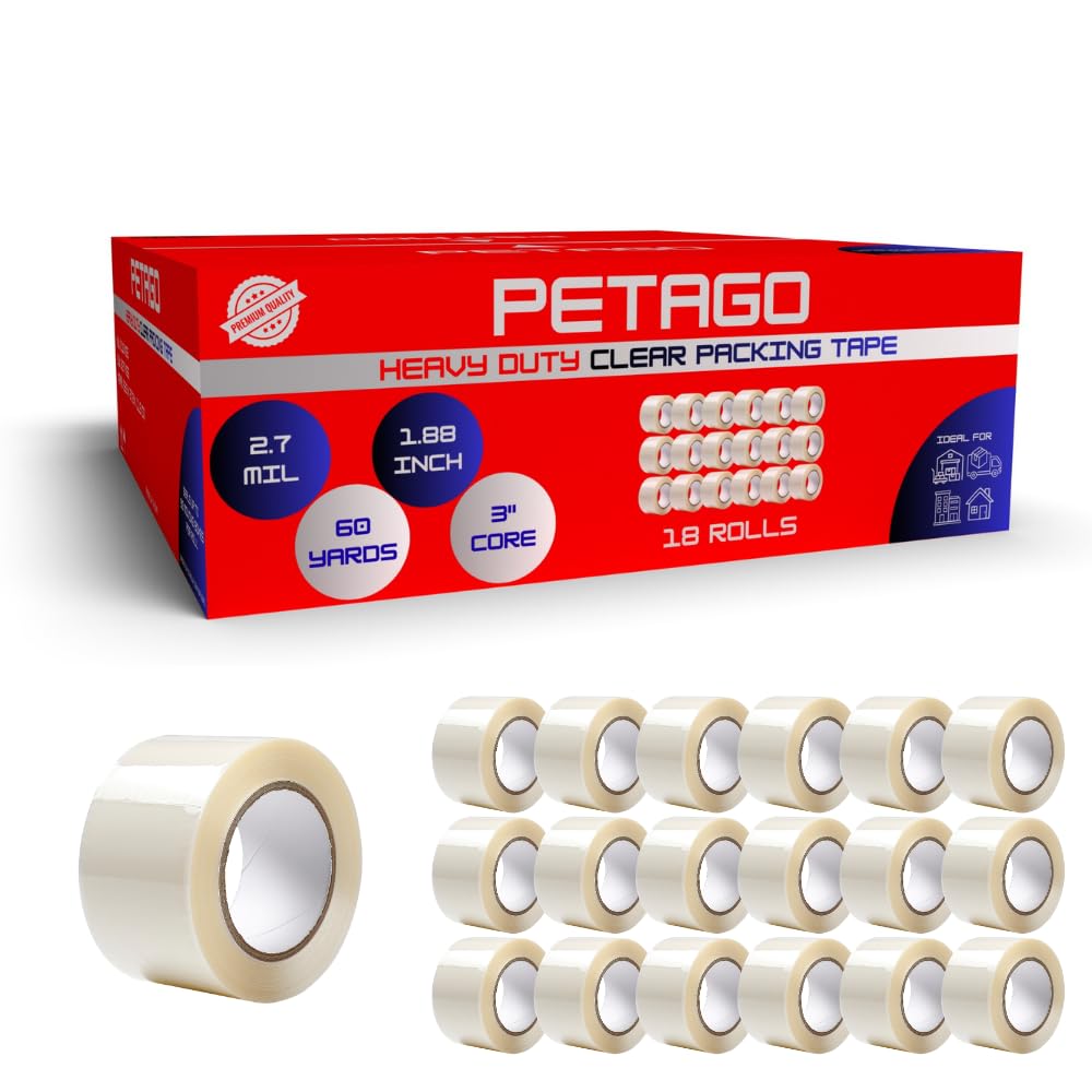 Heavy Duty Packing Tape 18 Rolls, 2.7 Mil Thick Clear Shipping Tape, 1.88 Inch x 60 Yards per Roll, Strong Adhesive