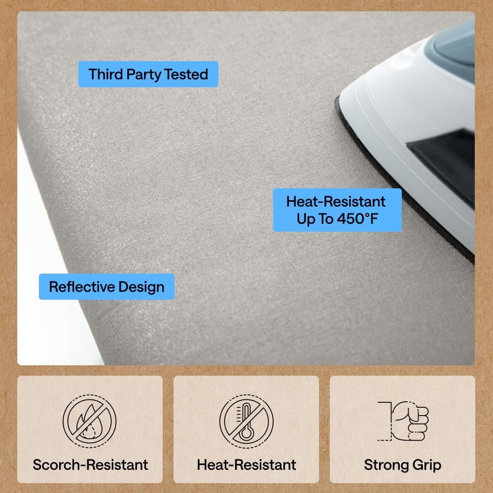 Ironing Board Cover, Silicone Coating, 400°F Scorch and Stain Resistant with Thick Padding, Fits Over Standard Size