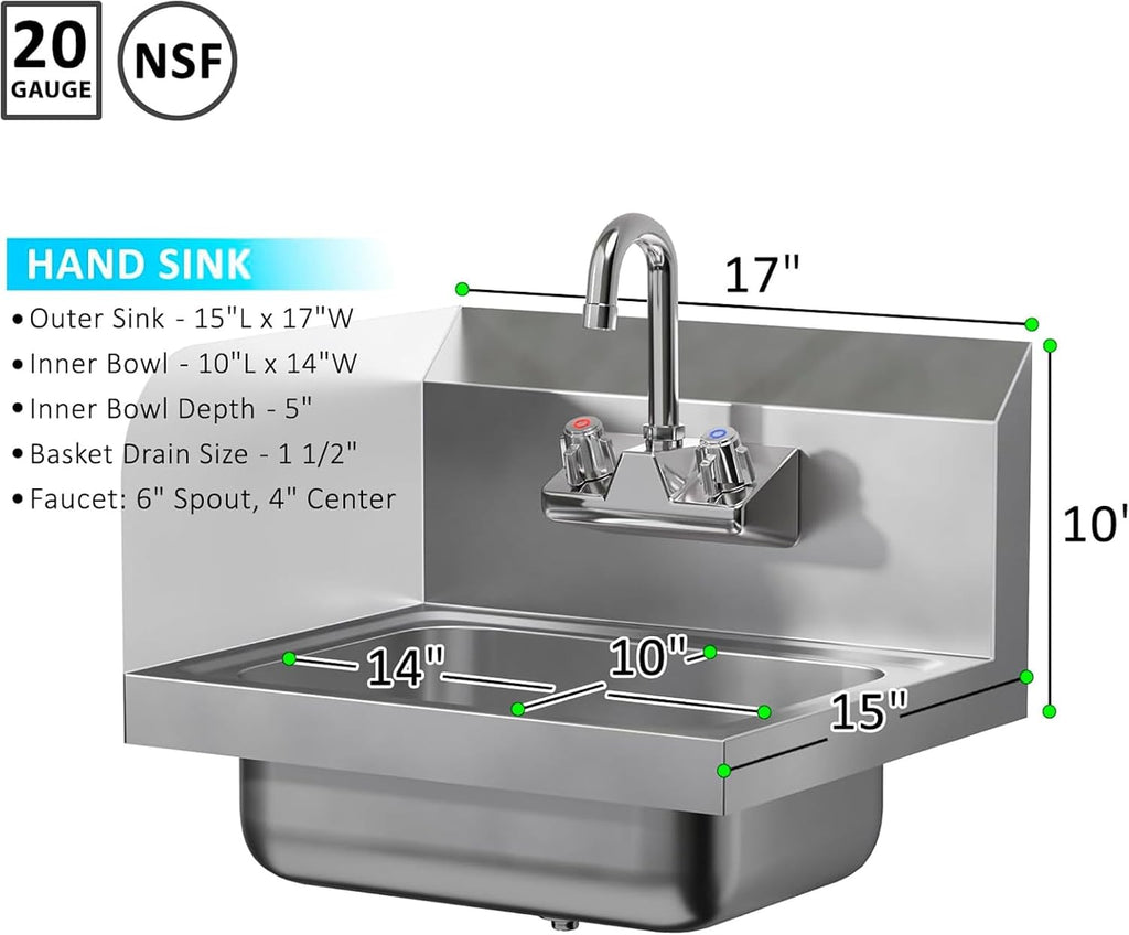 15" x 17" Hand Sink, Left Side Splash Guard, Gooseneck Faucet, NSF