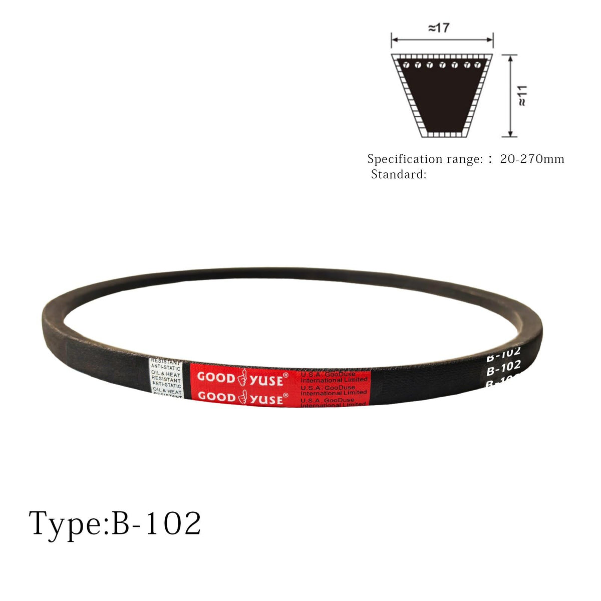 GOODYUSE B102 V-Belts，High Quality Classic Wrapped Rubber V-Belt,2591mm/102 Inner Circumference x17mm/ 0.67" Width x 11mm/0.43" Height