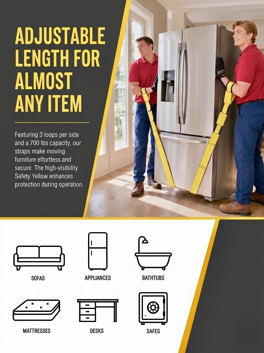 2-Person Furniture Moving Straps, 700 lbs Capacity, Safety Yellow | 3" Polypropylene Lifting Straps with Comfortable
