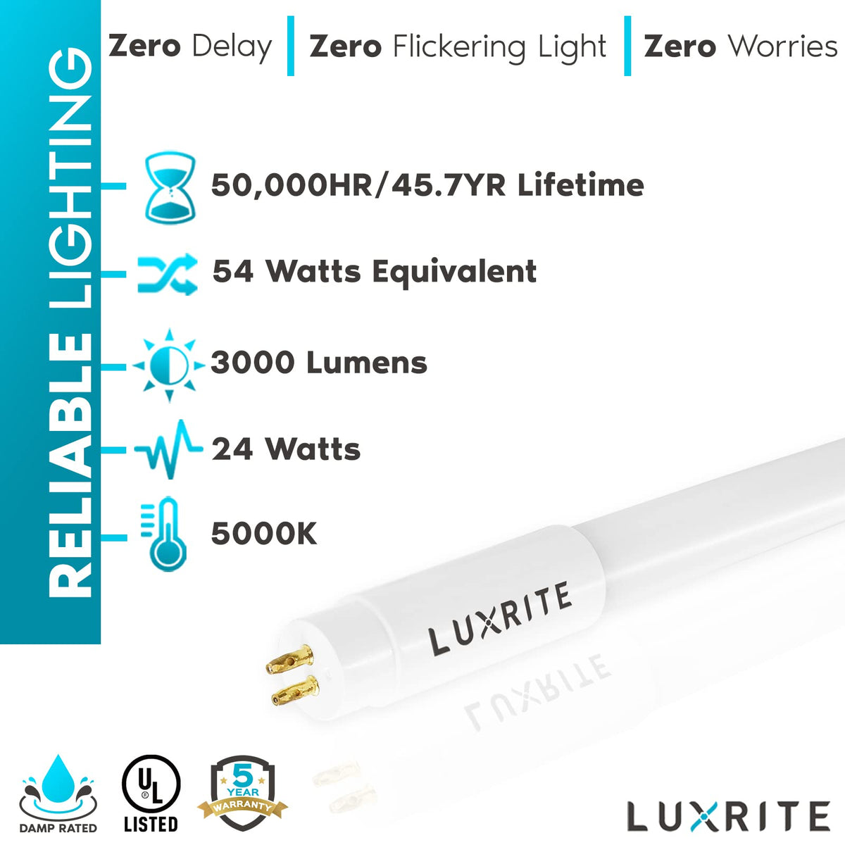 4FT T5 LED Tube Lights, Type A+B, 24W=54W, 3000LM, 5000K (4 Pack)