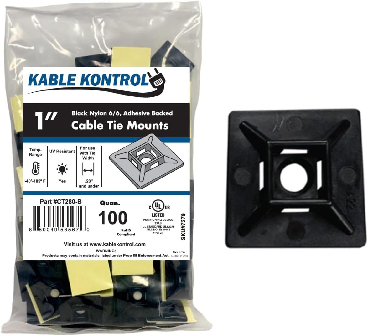 Zip Tie Mounts, 1” Black, 100 Pcs Adhesive Backed | Multi-Purpose UV-Resistant Mounting Squares Nylon Cable Tie Wrap