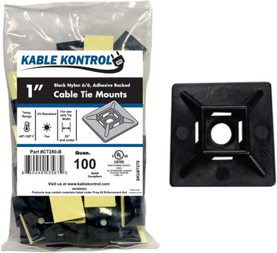 Zip Tie Mounts, 1” Black, 100 Pcs Adhesive Backed | Multi-Purpose UV-Resistant Mounting Squares Nylon Cable Tie Wrap