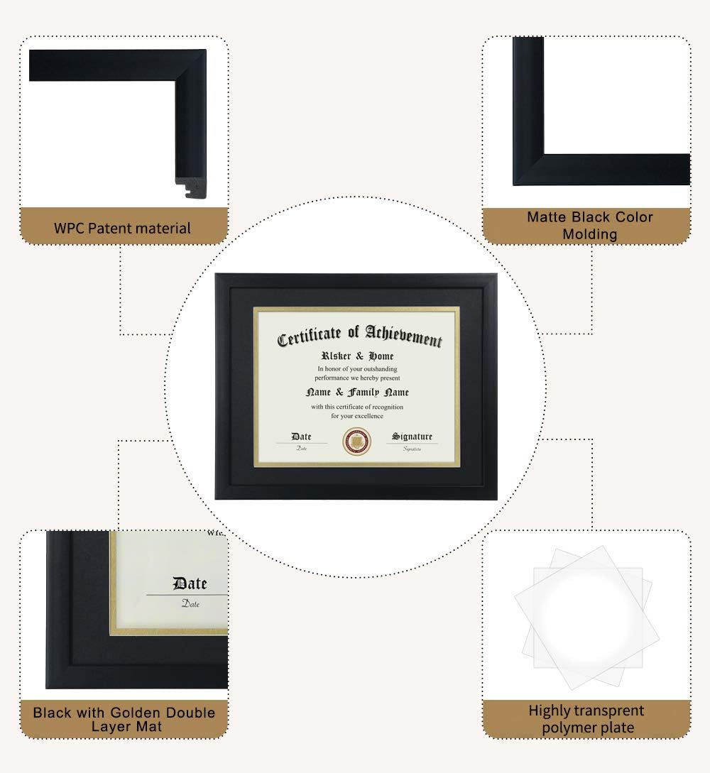 8.5x11 Certificate Frame Black with Black Mat Gold Rim | Displays Diploma 8.5x11 Inch with Mat - 11x14 Inch Without