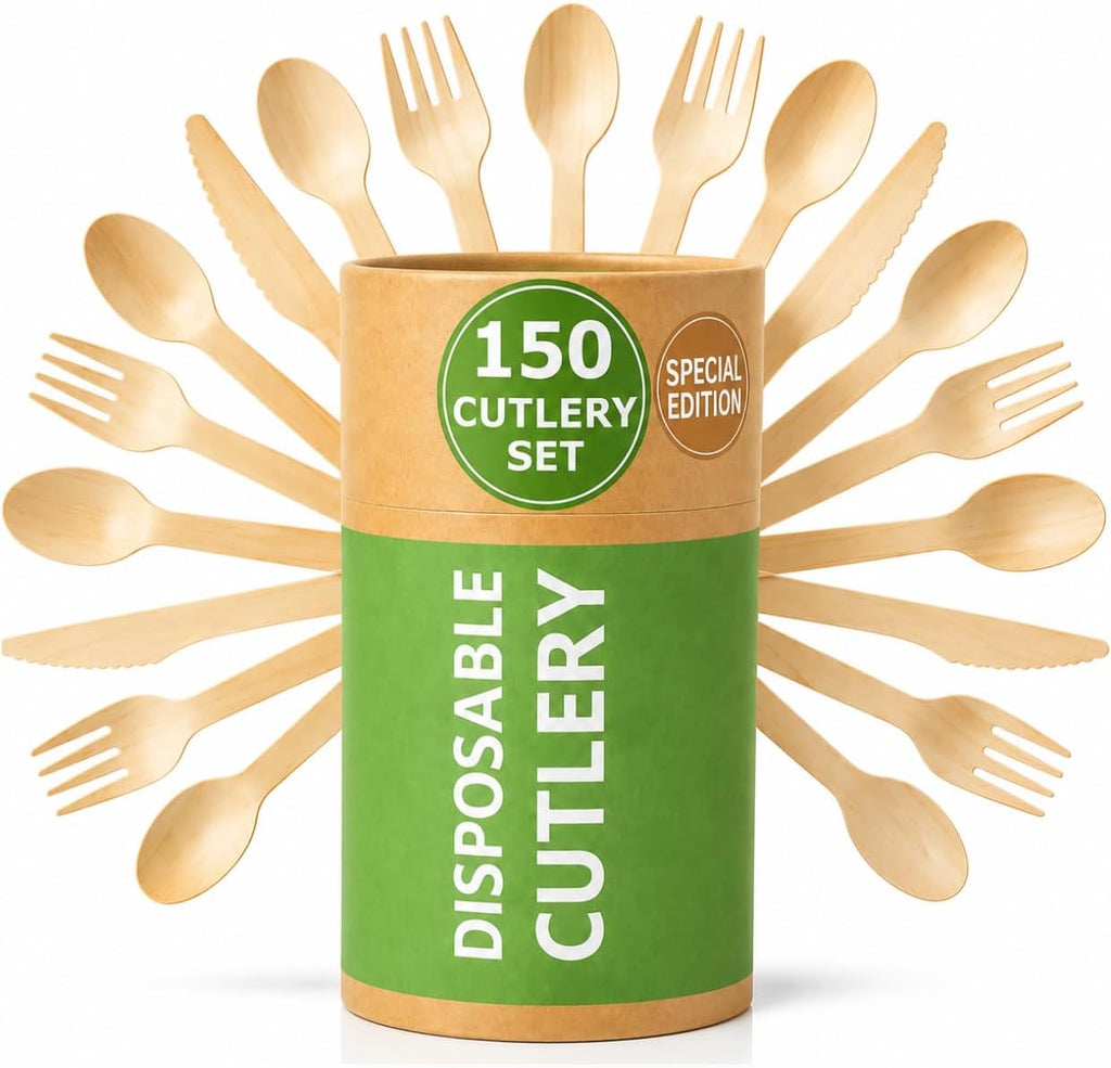 (150 Pcs) Special Edition Compostable Cutlery Set - Disposable Wooden Cutlery Set - Alternative to Plastic, Eco