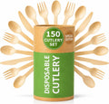 (150 Pcs) Special Edition Compostable Cutlery Set - Disposable Wooden Cutlery Set - Alternative to Plastic, Eco
