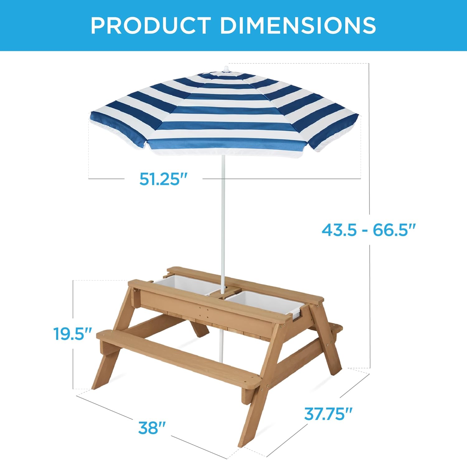 Kids Picnic Table with Umbrella, 3-in-1 Sand & Water Table, Outdoor Convertible Picnic Table for Toddlers, Seats 4