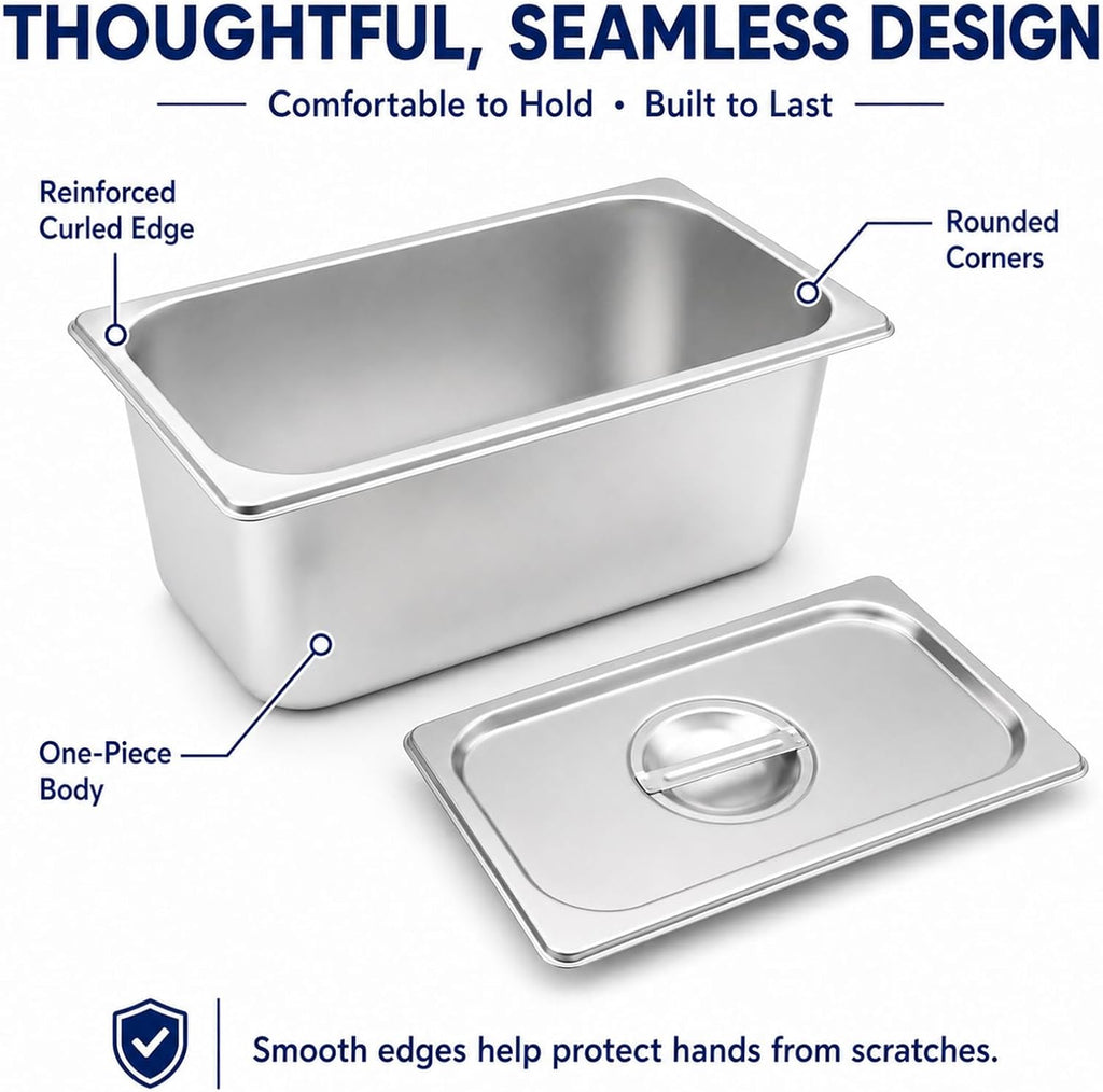 Hotel Pans with Lids,4 Pack 1/3 Size 6"Deep Stainless Steel Steam Table Pan