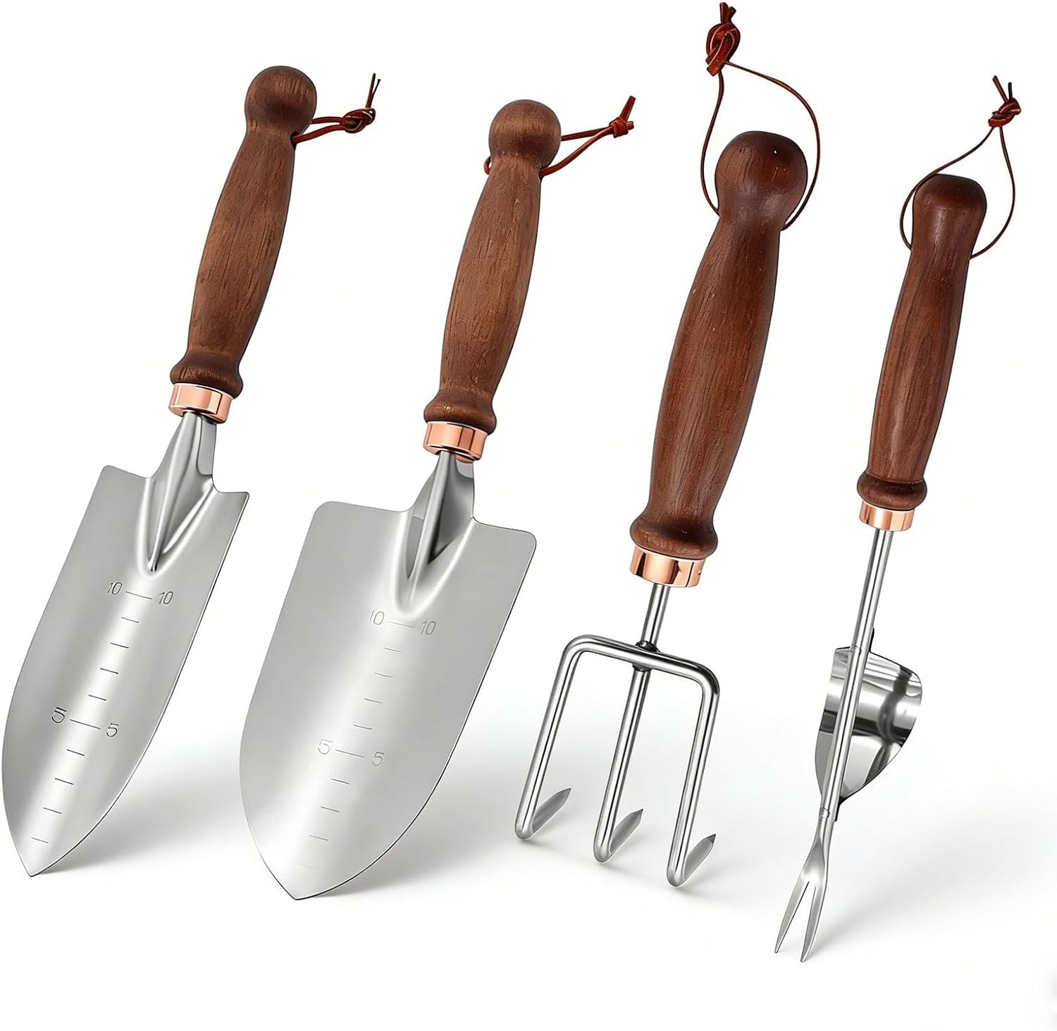 Garden Tools, 4 Pack Garden Shovel with Wooden Handles Hand Tools with Transplanting Hand Shovel, Rake and Root