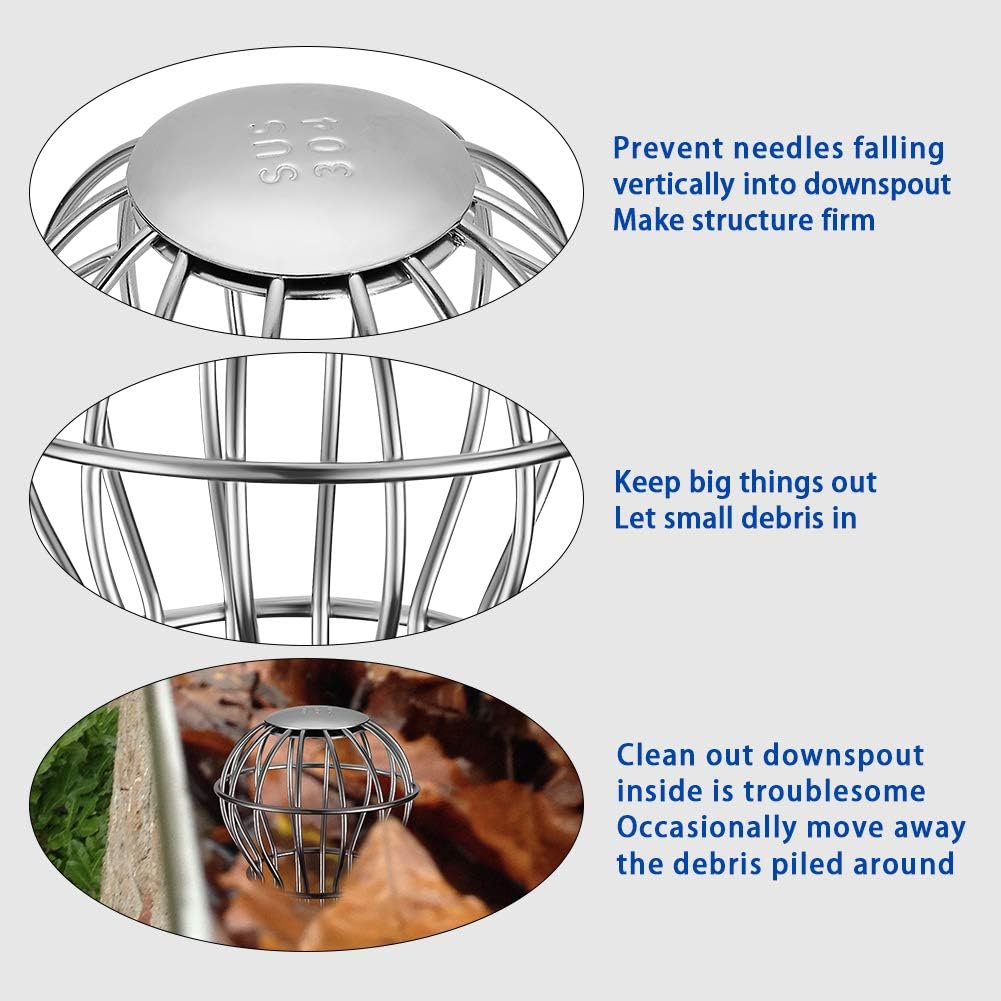 Gutter Guard, Fits for 1.7" ~ 2.4" Round Downspout, 304 Stainless Steel Rigid Filter Strainer, Stops Leaves Seeds and