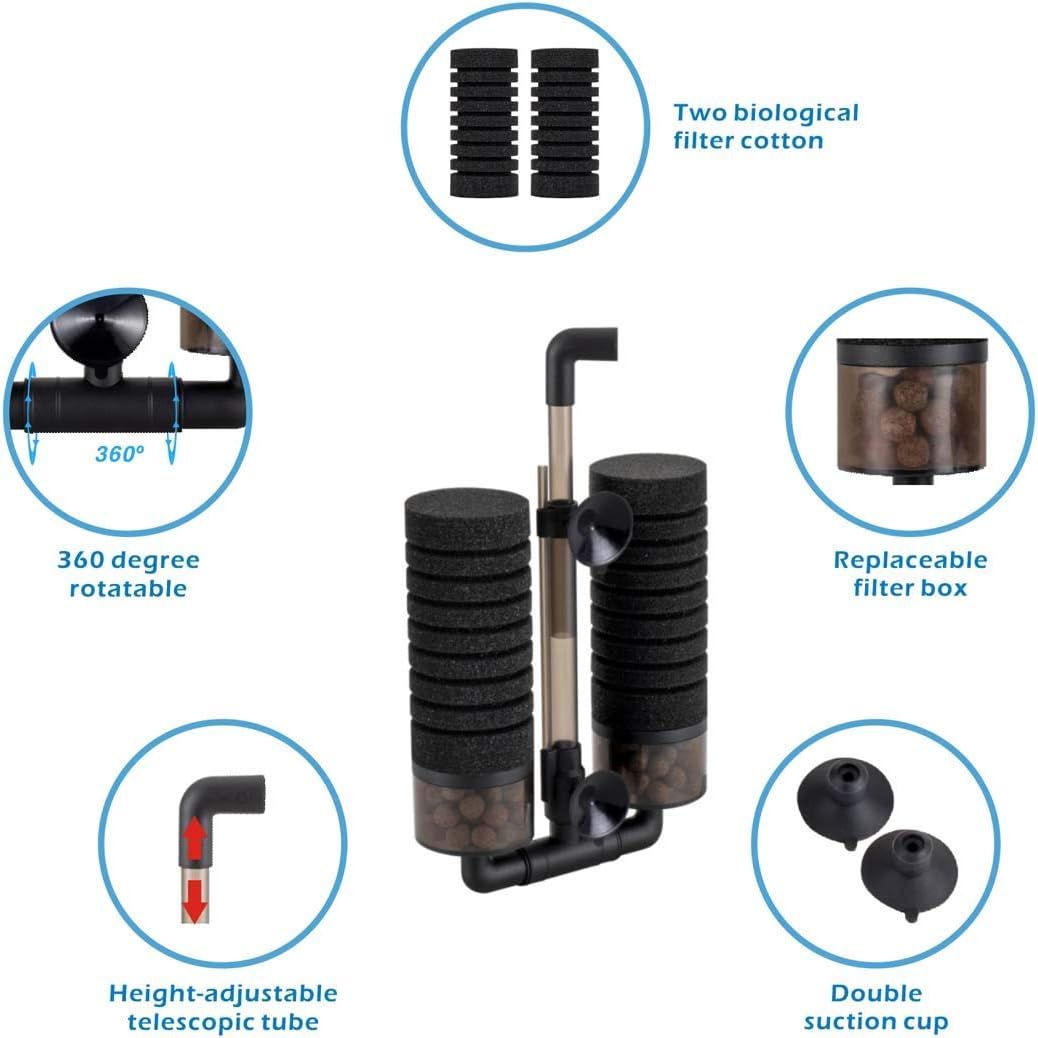 Sponge Filter, Aquarium Filter Double Sponge Replaceable Media with 4 Biochemical Sponges and 1 Bag of Filtered