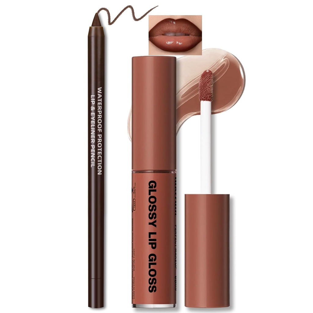 Natural Nude Lip Combo, Nourishing Lip Gloss&Brown Lip Liner Kit | Moisturizing High Shine Finish for Juicy Volume