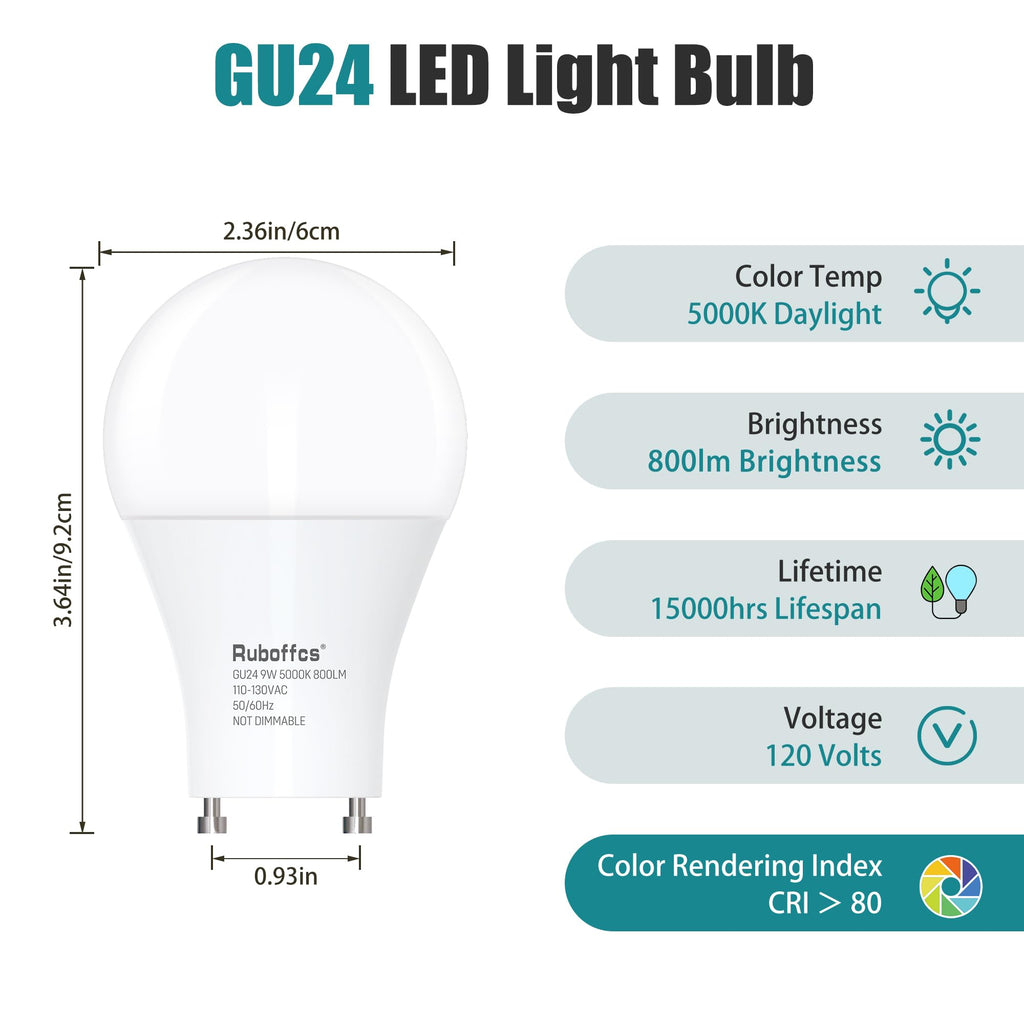6 Packs GU24 LED Light Bulbs,Daylight 5000K,Efficient 9W