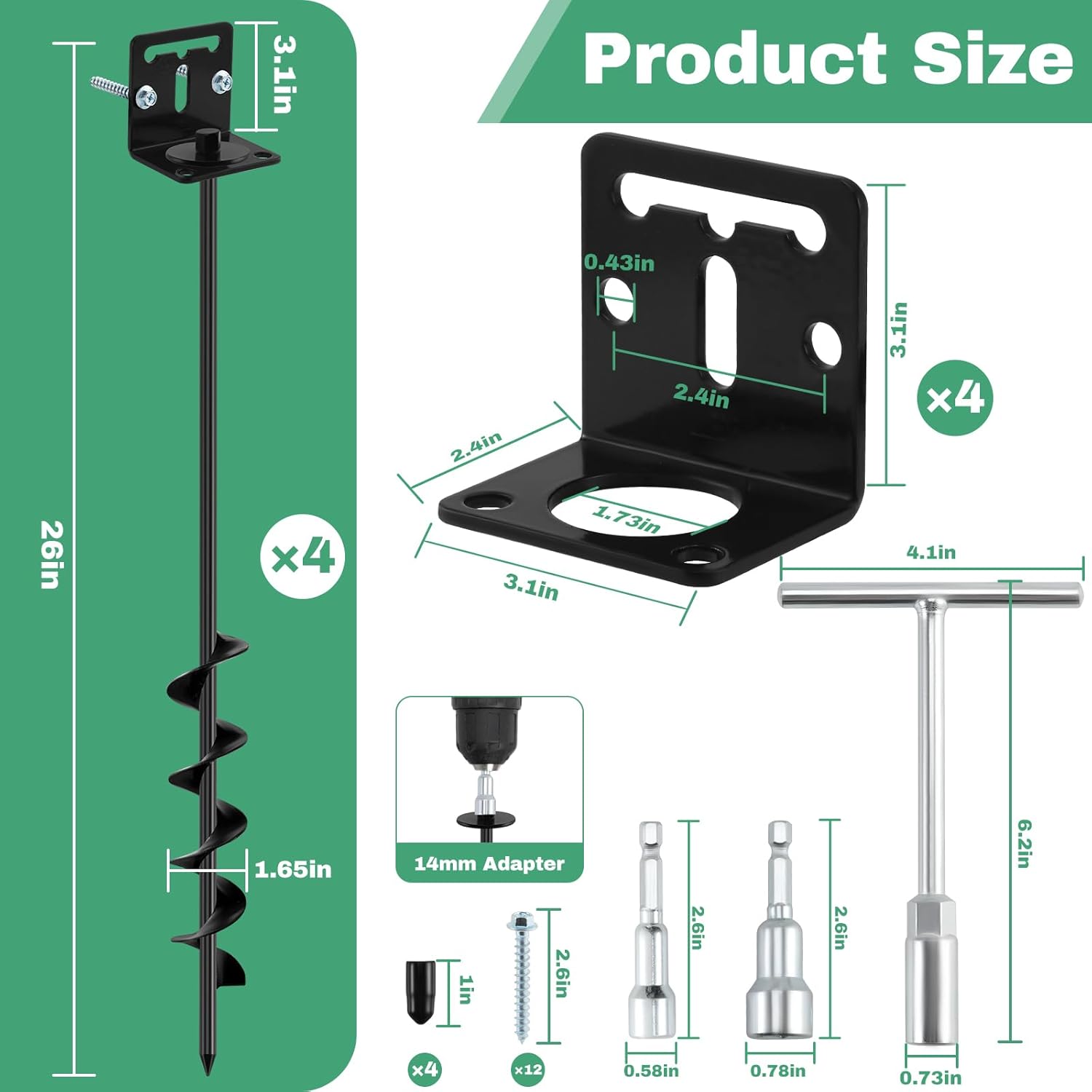 26" Ground Anchors Screw in Heavy Duty, Mobile Home Anchors - Shed Anchor Kit with L Bracket & Drill Adapter, Earth