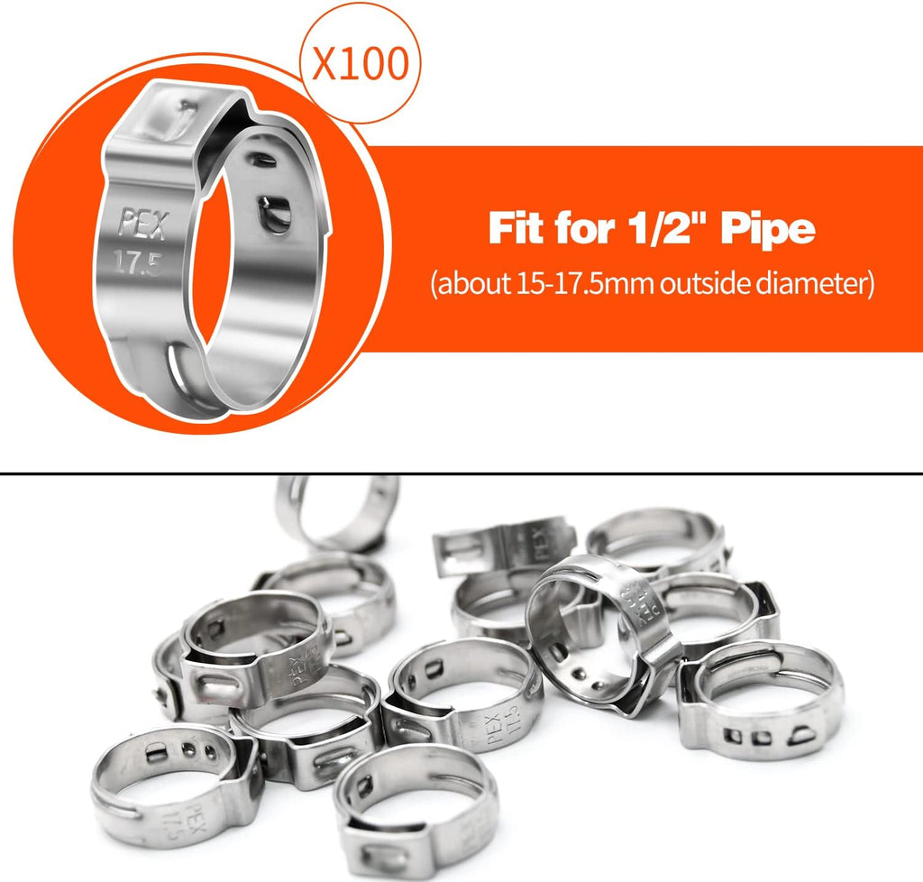 100 Pack 1/2" PEX Cinch Clamps, Stainless Steel Single Ear Hose Clamps