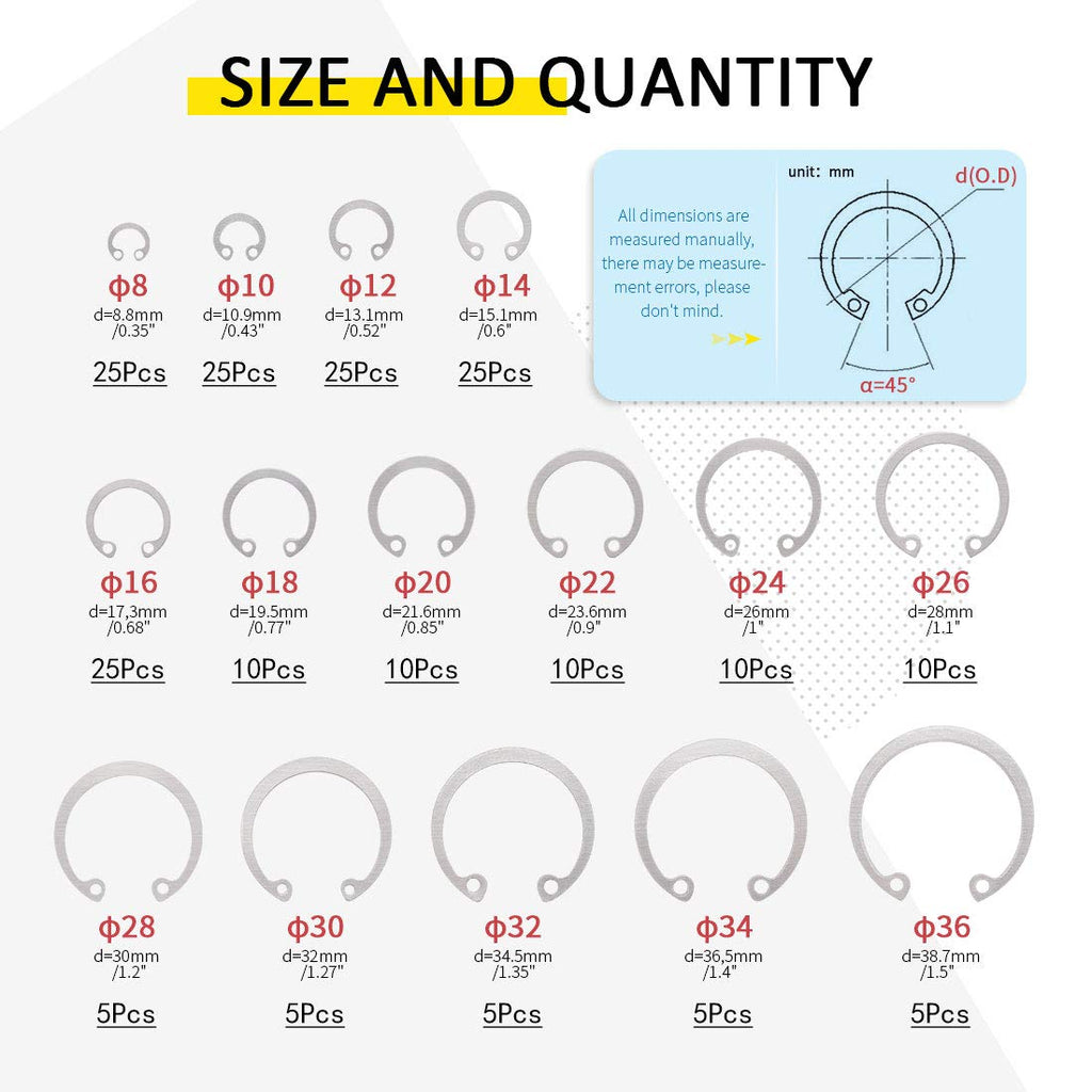 Hilitchi 200Pcs 15Sizes 304 Stainless Steel Internal Snap Ring Circlip Snap Retaining Clip Ring Assortment Set