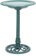 TEC116 Outdoor Aged Green Pedestal Birdbath with Scrollwork, 28" Tall, Green