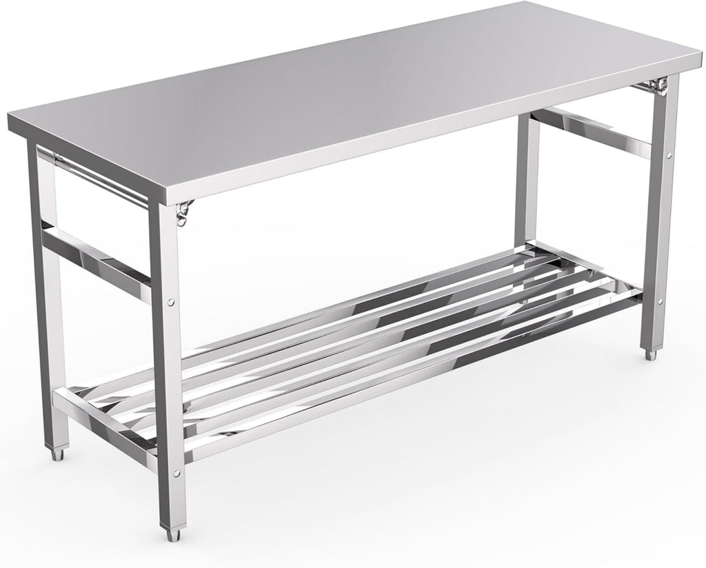 60"×24" Stainless Steel Commercial Work Table - Heavy-Duty 304 Steel Prep Station with Folding Base & Adjustable