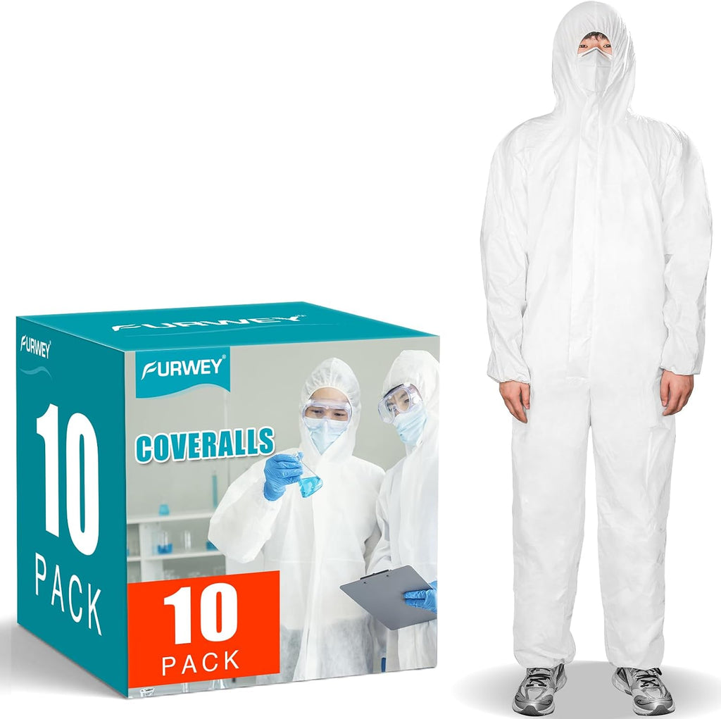 Hazmat Suits 1/10 Pack Disposable Coveralls, with Elastic Wrists, Ankles and Hood, Available in 4 sizes