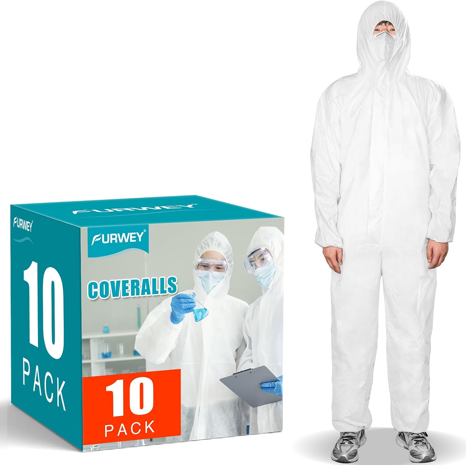 Hazmat Suits 1/10 Pack Disposable Coveralls, with Elastic Wrists, Ankles and Hood, Available in 4 sizes