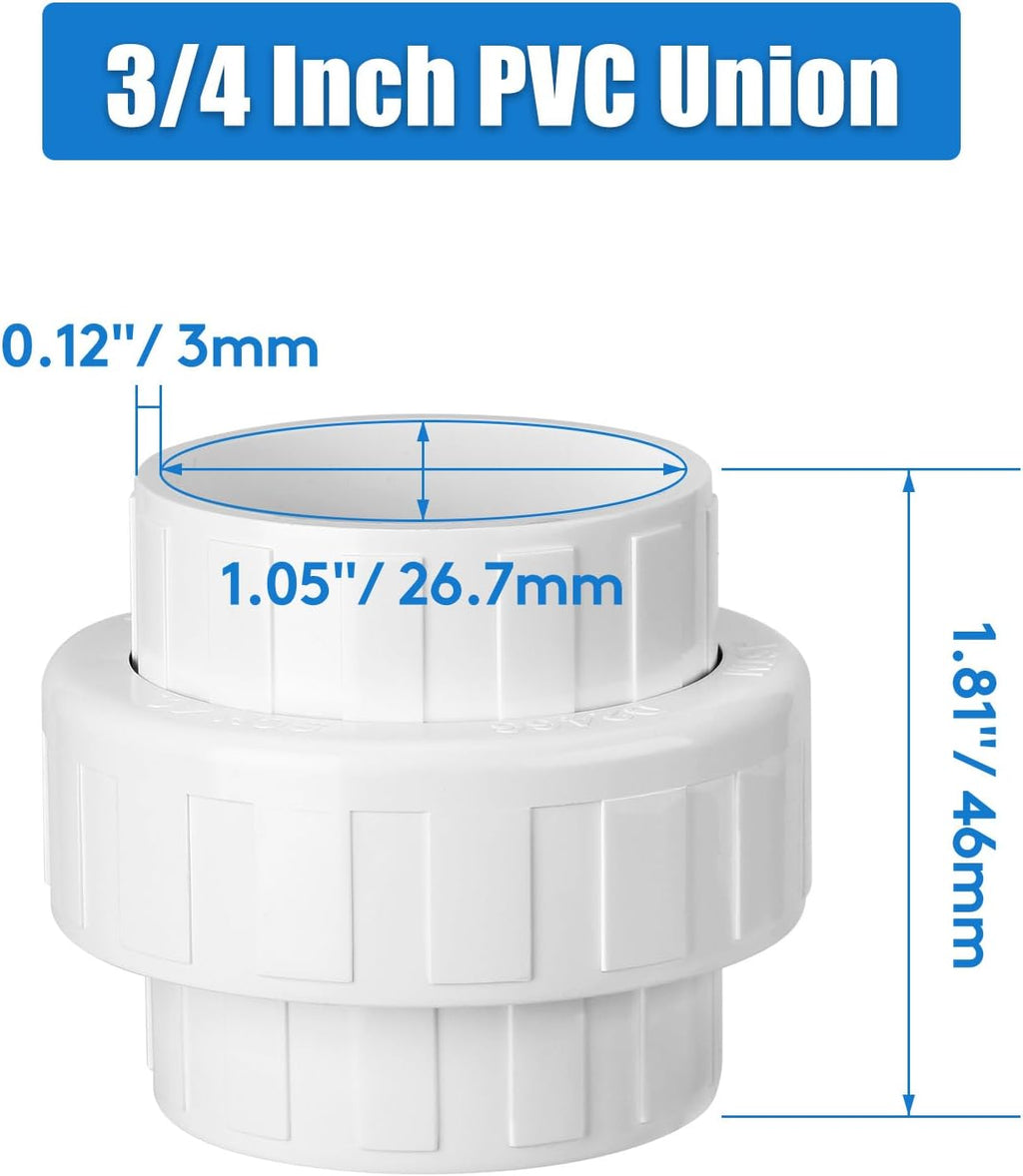 9 pcs 3/4 Inch PVC Union, Socket x Socket Schedule 40 Fitting with EPDM O-Ring for Plumbing, Irrigation, Pool & Outdoor Watering Systems