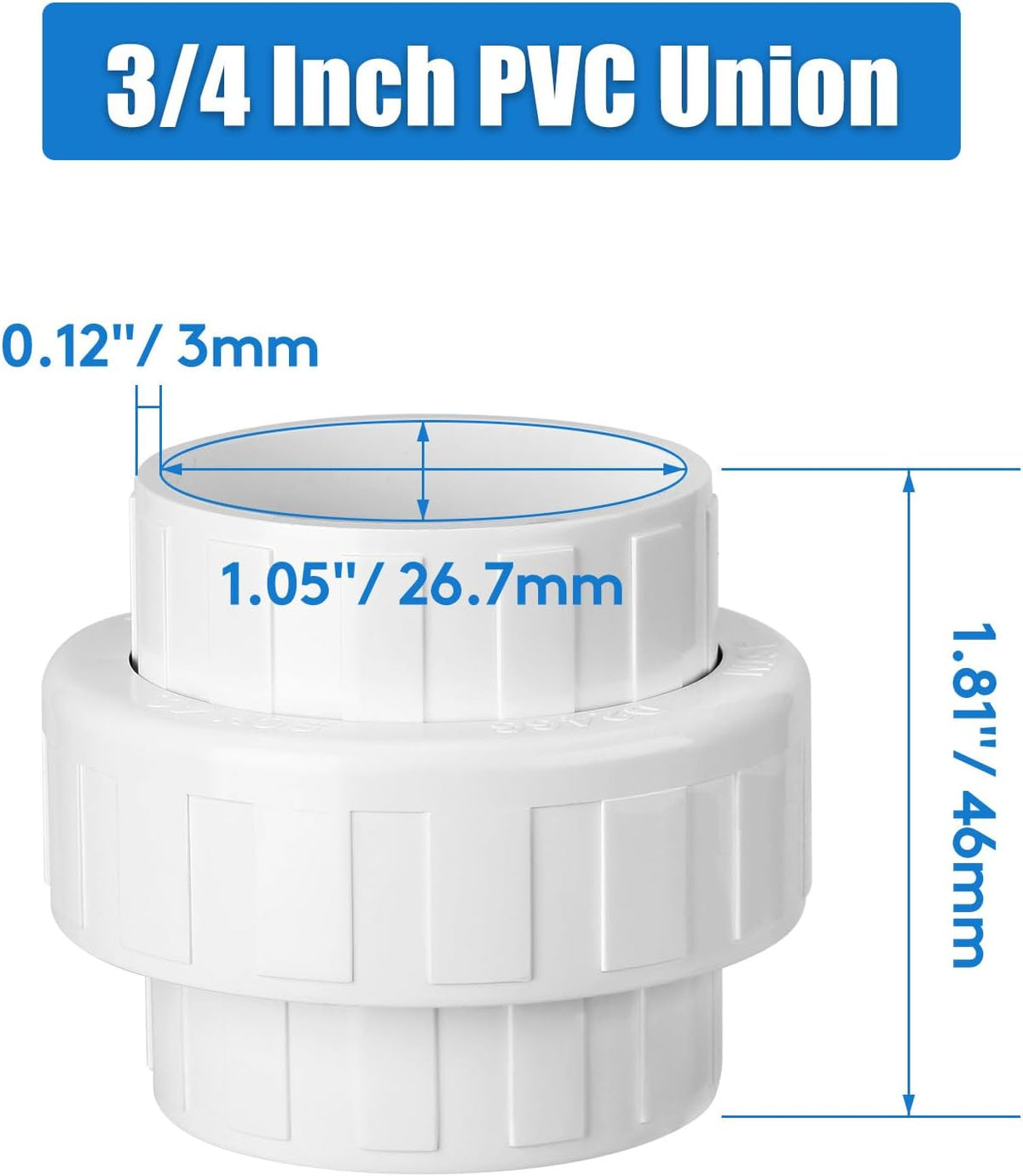 9 pcs 3/4 Inch PVC Union, Socket x Socket Schedule 40 Fitting with EPDM O-Ring for Plumbing, Irrigation, Pool & Outdoor Watering Systems